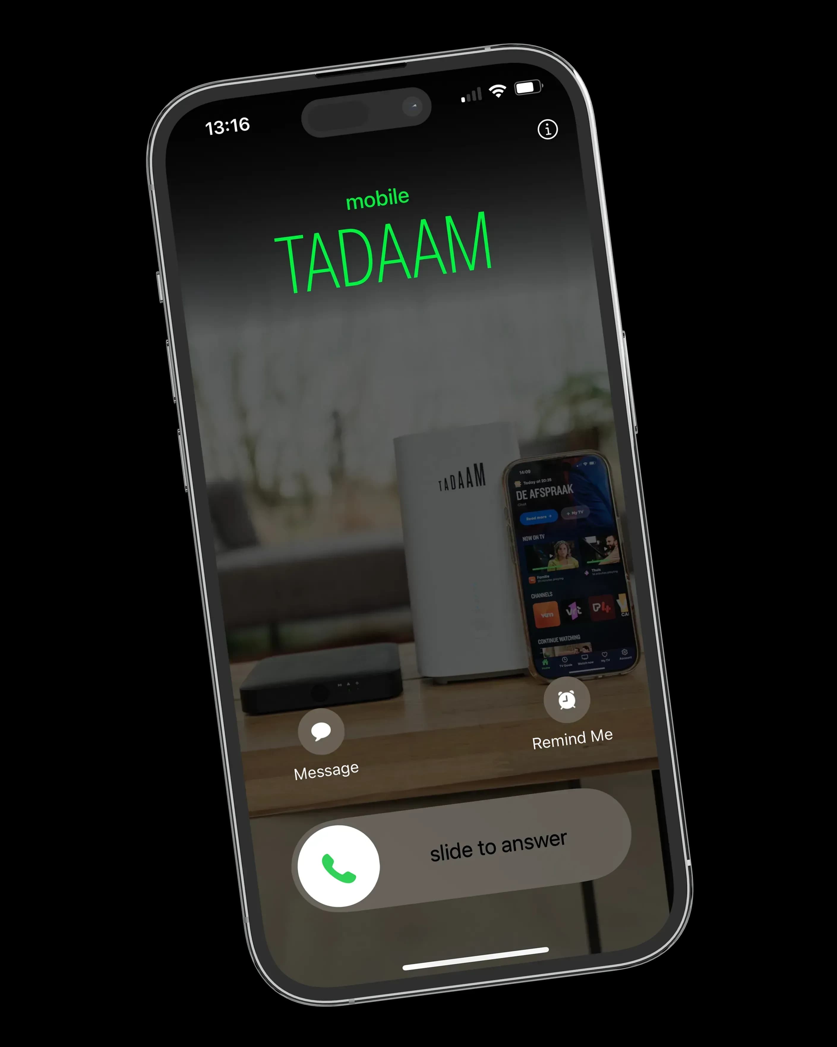 Close-up of a smartphone screen showing an incoming call from TADAAM Mobile